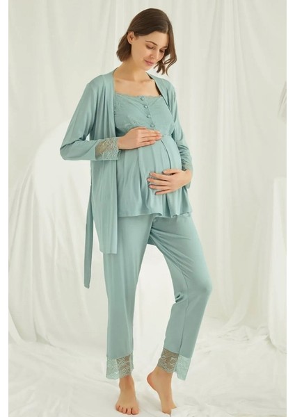 18468 Hamile Lohusa Sabahlıklı Pijama Takımı -Yeşil