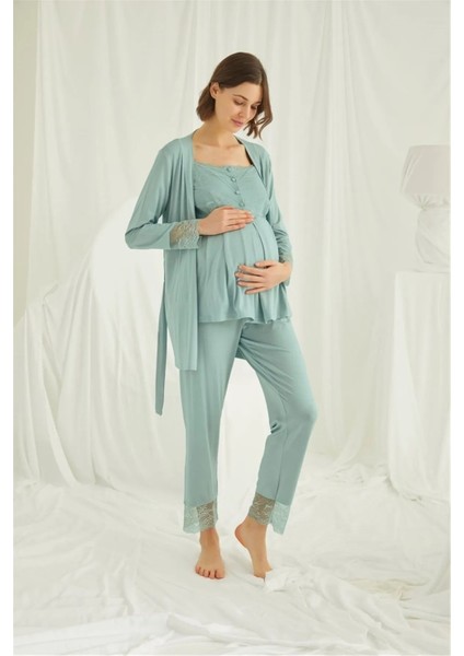 18468 Hamile Lohusa Sabahlıklı Pijama Takımı -Yeşil