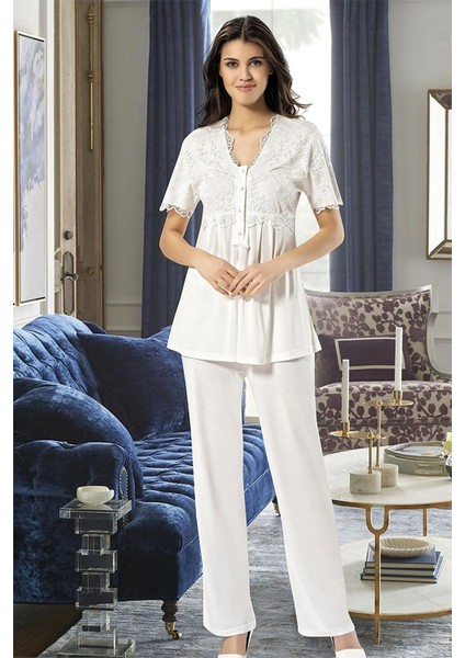 4300 Kadın Hamile Lohusa Sabahlıklı Pijama Takım-Ekru fırsatları