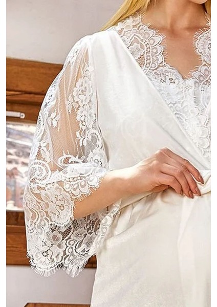 24161 Kadın Hamile Lohusa Kadife Sabahlıklı Pijama Takım-Krem fiyatları