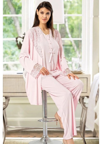 4200 Kadın Hamile Lohusa Sabahlıklı Pijama Takım-Pudra