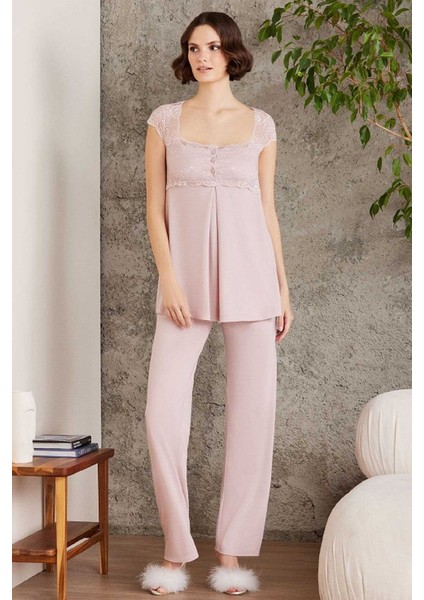 2805 Hamile Lohusa Sabahlıklı Pijama Takım-Pudra