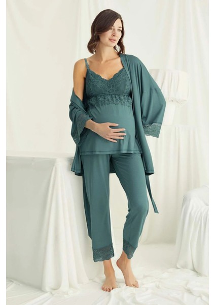 18523 Hamile Lohusa Sabahlıklı Pijama Takım-Yeşil
