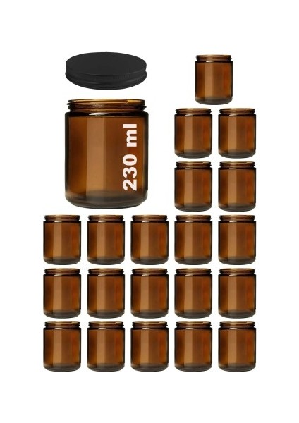 230 ml Cam Kavanoz Amber Mumluk 230 Cc Metal Siyah Kapaklı Mum Kavanozu Kahverengi 20 Adet