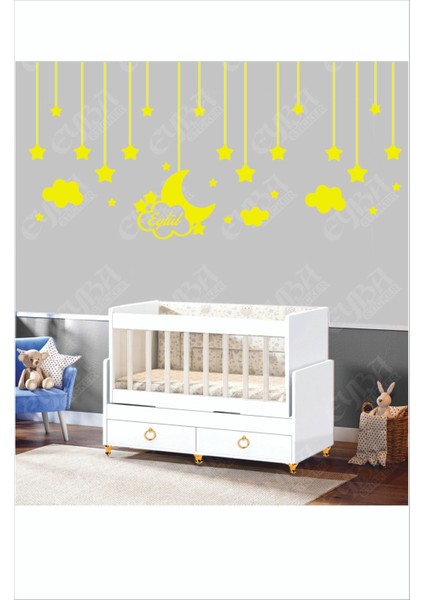 Bebek Odası Çocuk Odası Sticker 65 Parça Kişiye Özel Isimli Ay Yıldız Bulut Sticker