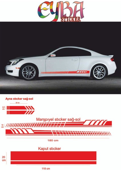 Marşpiyel,kaput,yan Ayna Oto Sticker - Araba Sticker - 5 Parça- 180X10 CM,118X20CM,20X2,5CM Sport2