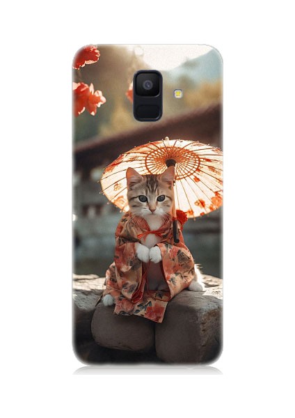 Samsung Galaxy A6 Uyumlu Geyşa Kıyafetli Kedi Desenli Silikon Kılıf