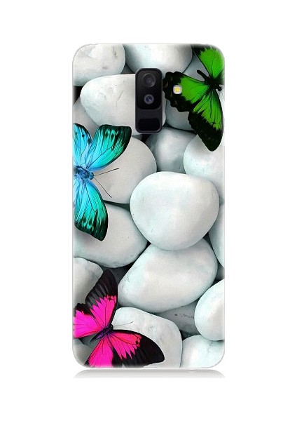 Samsung Galaxy A6 Plus Uyumlu Mavi Yeşil Pembe Kelebekler ve Beyaz Taşlar Desenli Silikon Kılıf