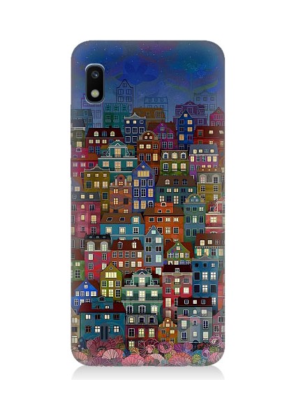 Samsung Galaxy A10 Uyumlu Minyatür Evler ve Gece Desenli Silikon Kılıf