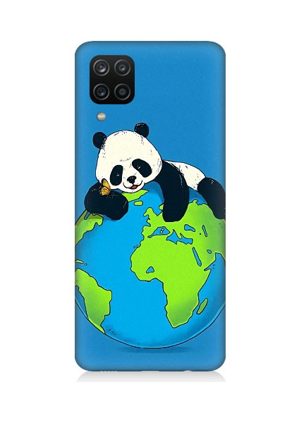 Samsung Galaxy A12 Uyumlu Yorgun Panda ve Dünya Desenli Silikon Kılıf