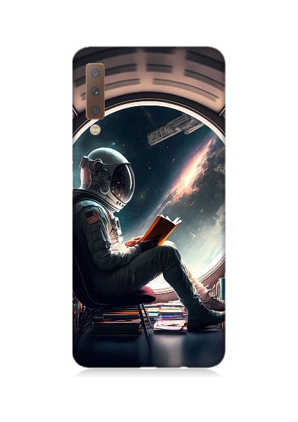 Samsung Galaxy A7 2018 Uyumlu Kitap ve Astronot Desenli Silikon Kılıf