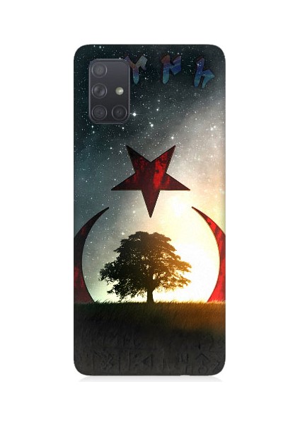 Samsung Galaxy A51 Uyumlu Göktürkçe Türk ve Ağaç Bayrak Desenli Silikon Kılıf