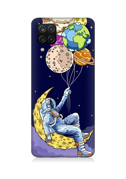 Samsung Galaxy A12 Uyumlu Astranot ve Gezegen Balonlar Desenli Silikon Kılıf