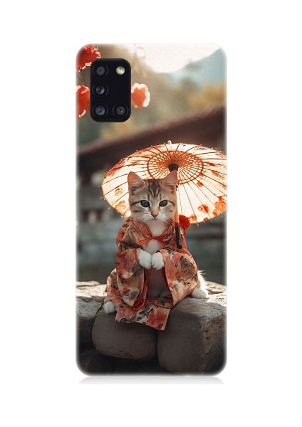 Samsung Galaxy A31 Uyumlu Geyşa Kıyafetli Kedi Desenli Silikon Kılıf