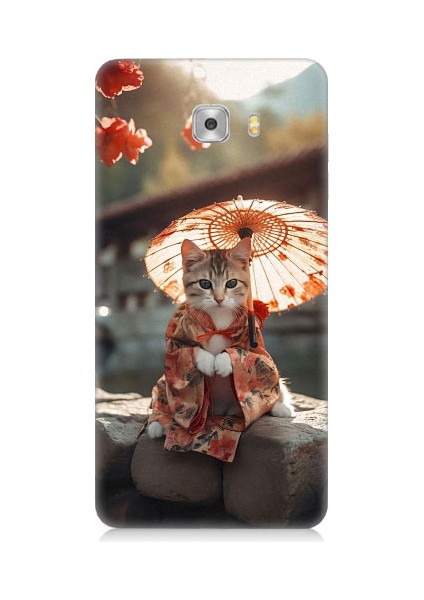 Samsung Galaxy C9 Pro Uyumlu Geyşa Kıyafetli Kedi Desenli Silikon Kılıf