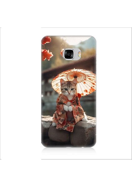 Samsung Galaxy C5 Uyumlu Geyşa Kıyafetli Kedi Desenli Silikon Kılıf