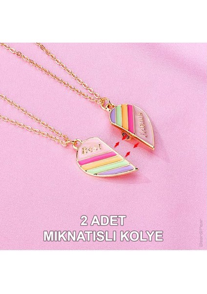 Mıknatıslı Pastel Gökkuşağı Kalp Best Friends Yazılı 2'li Kolye