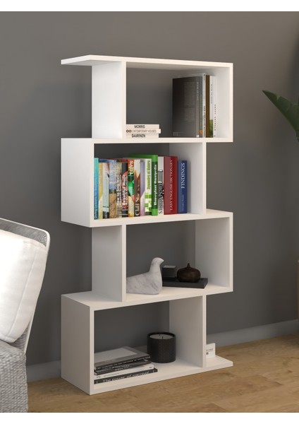 Miristanbul 4 Raflı Kitaplık, Dekoratif Raf Zigzag Kitaplık, Beyaz Renk