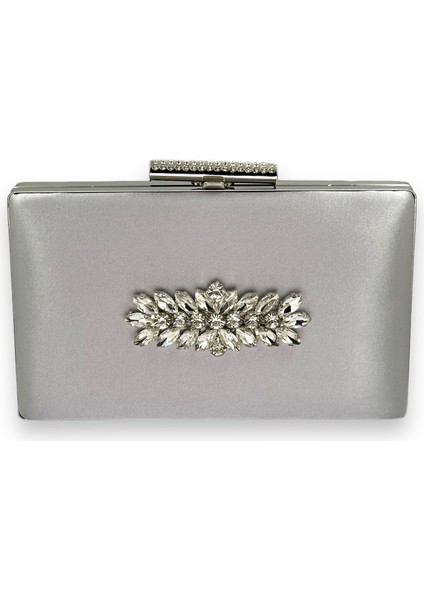 Gümüş Gri Lame Renk Saten Metal Taşlı Kasalı Kristal Taşlı Zincirli Bayan Abiye Çanta Gece Çantası Düğün Nişan Kına Gelin Party Çantası Mezuniyet Portföy Clutch