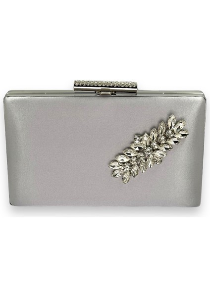 Gümüş Gri Lame Renk Saten Metal Taşlı Kasalı Kristal Taşlı Zincirli Bayan Abiye Çanta Gece Çantası Düğün Nişan Kına Gelin Party Çantası Mezuniyet Portföy Clutch