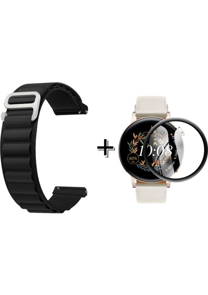 Huawei Watch Gt3 42MM Için Kancalı Kumaş Kordon Kayış + Ekran Koruma Filmi - FC246