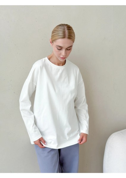 Kadın Uzun Kollu Bisiklet Yaka Basic Oversize T-Shirt