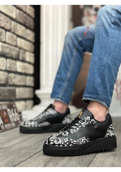 BA0802 Boa Gotik Desenli Siyah Yüksek Taban Erkek Günlük Ayakkabı