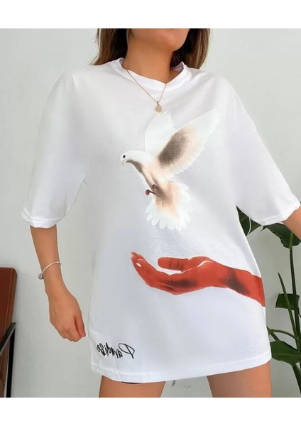 Unisex Bisiklet Yaka Baskılı Oversize T-Shirt - Beyaz