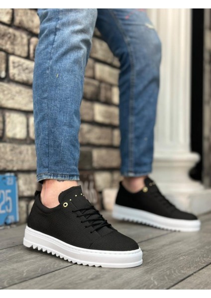 BA0152 Bağcıklı Yüksek Taban Siyah Keten Erkek Ayakkabı