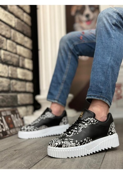 BA0802 Boa Gotik Desenli Siyah Beyaz Yüksek Taban Erkek Günlük Ayakkabı fiyatları
