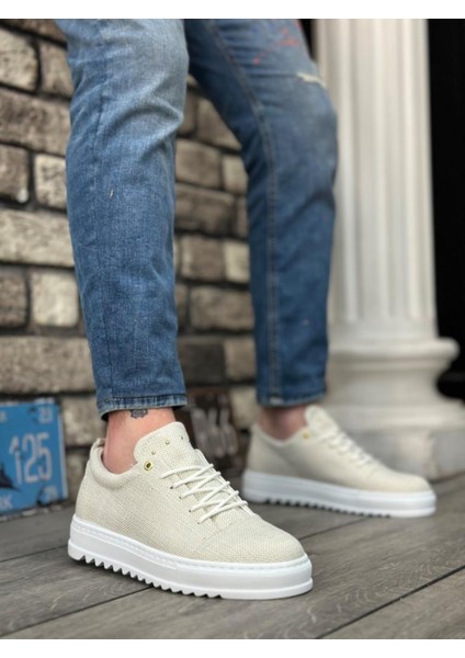 BA0152 Bağcıklı Yüksek Taban Krem Keten Erkek Ayakkabı