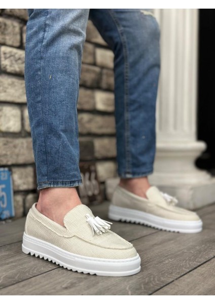 BA0154 Bağcıksız Yüksek Taban Beyaz Keten Püsküllü Erkek Ayakkabı