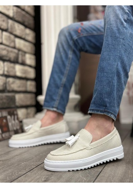 BA0154 Bağcıksız Yüksek Taban Beyaz Keten Püsküllü Erkek Ayakkabı fiyatları