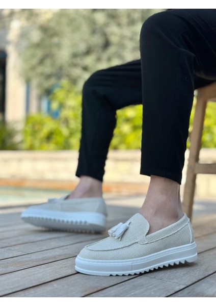 BA0154 Bağcıksız Yüksek Taban Beyaz Keten Püsküllü Erkek Ayakkabı indirimleri