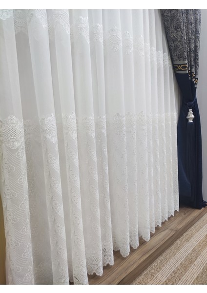 Keten Titi Zemin Üzeri Beyaz Sedef Geniş Etek Işlemeli 1-3 Sık Pile Salon Tül Perde fırsatları