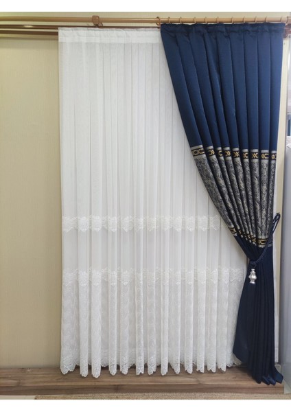 Keten Titi Zemin Üzeri Beyaz Sedef Geniş Etek Işlemeli 1-3 Sık Pile Salon Tül Perde