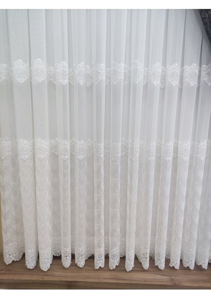 Keten Titi Zemin Üzeri Beyaz Sedef Geniş Etek Işlemeli 1-3 Sık Pile Salon Tül Perde modelleri