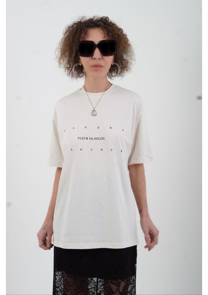 Krem Arkası Çiçek Baskılı Oversize Tshirt