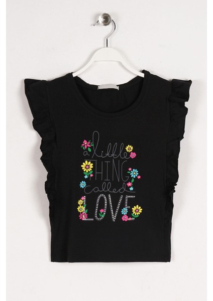 Bisiklet Yaka Kısa Kol Lıttle Thınk Love Yazı Baskılı Yanları Fırfırlı Siyah Renk Kız Çocuk Tshirt