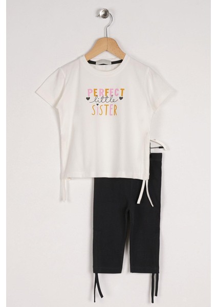Kız Çocuk Ekru Renkli Perfect Sister Baskılı Taytlı Takım