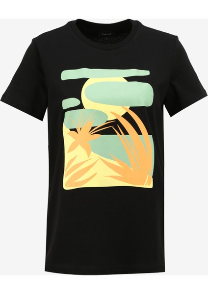 Bisiklet Yaka Baskılı Siyah Kadın T-Shirt F4SL-TST0725