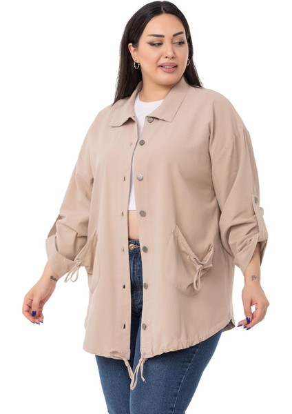Büyük Beden Katlamalı Kollu Cebi Büzgü Detaylı Uzun Bej Rengi Ceket fiyatları
