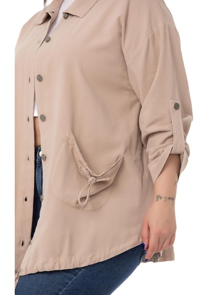 Büyük Beden Katlamalı Kollu Cebi Büzgü Detaylı Uzun Bej Rengi Ceket indirimleri