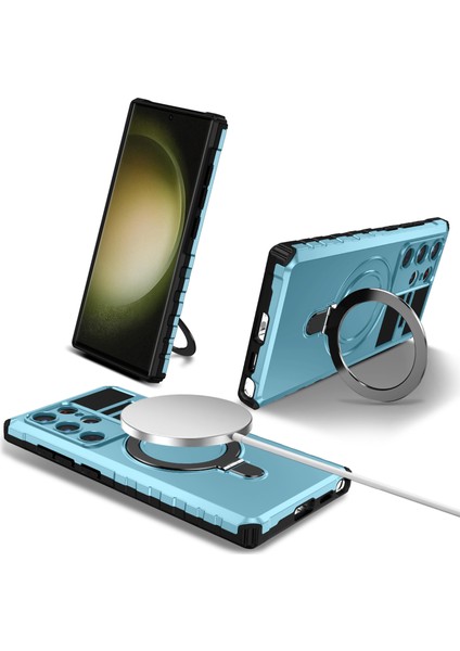 Samsung Galaxy S24 Ultra Için Magsafe Manyetik Halka Standlı Ağır Hizmet Telefon Kılıfı - Açık Mavi (Yurt Dışından)