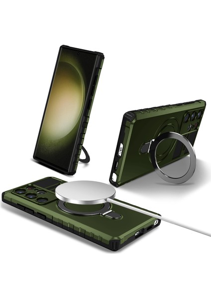 Samsung Galaxy S24 Ultra Için Magsafe Manyetik Halka Standlı Ağır Hizmet Telefon Kılıfı - Yeşil (Yurt Dışından)