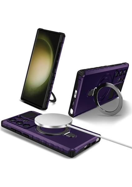 Samsung Galaxy S24 Ultra Için Magsafe Manyetik Halka Standlı Ağır Hizmet Telefon Kılıfı - Mor (Yurt Dışından)