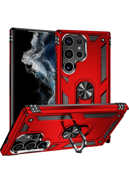 Samsung Galaxy S24 Ultra Için Halka Tutuculu Çift Katmanlı Telefon Kılıfı - Kırmızı (Yurt Dışından)