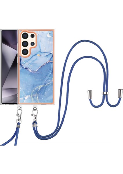 Samsung Galaxy S24 Ultra Için Desen Hibrit Çapraz Askı Kordon Telefon Kılıfı - Mavi (Yurt Dışından)
