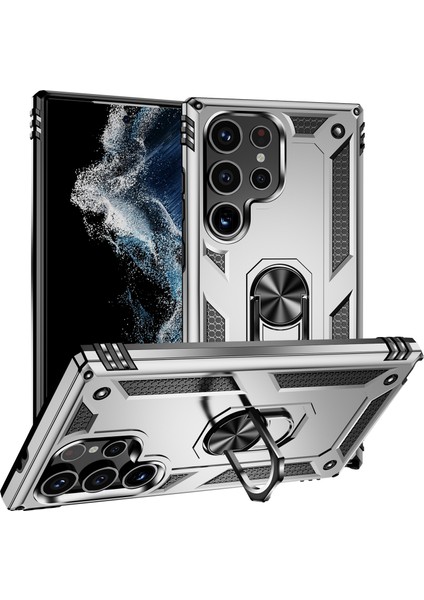 Samsung Galaxy S24 Ultra Için Halka Tutuculu Çift Katmanlı Telefon Kılıfı - Gümüş (Yurt Dışından)