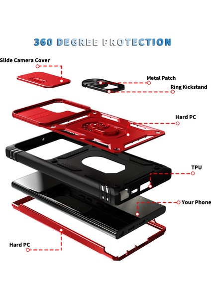 Samsung Galaxy S24 Ultra Için Kayar Lens Koruyucu Halka Standlı Telefon Kılıfı - Kırmızı (Yurt Dışından)